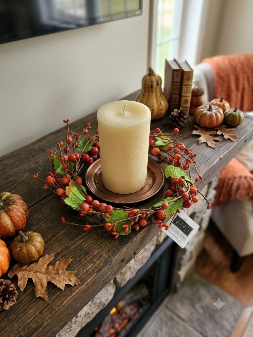 Candle Ring Autumn Berry Grapevine Wreath - Orange